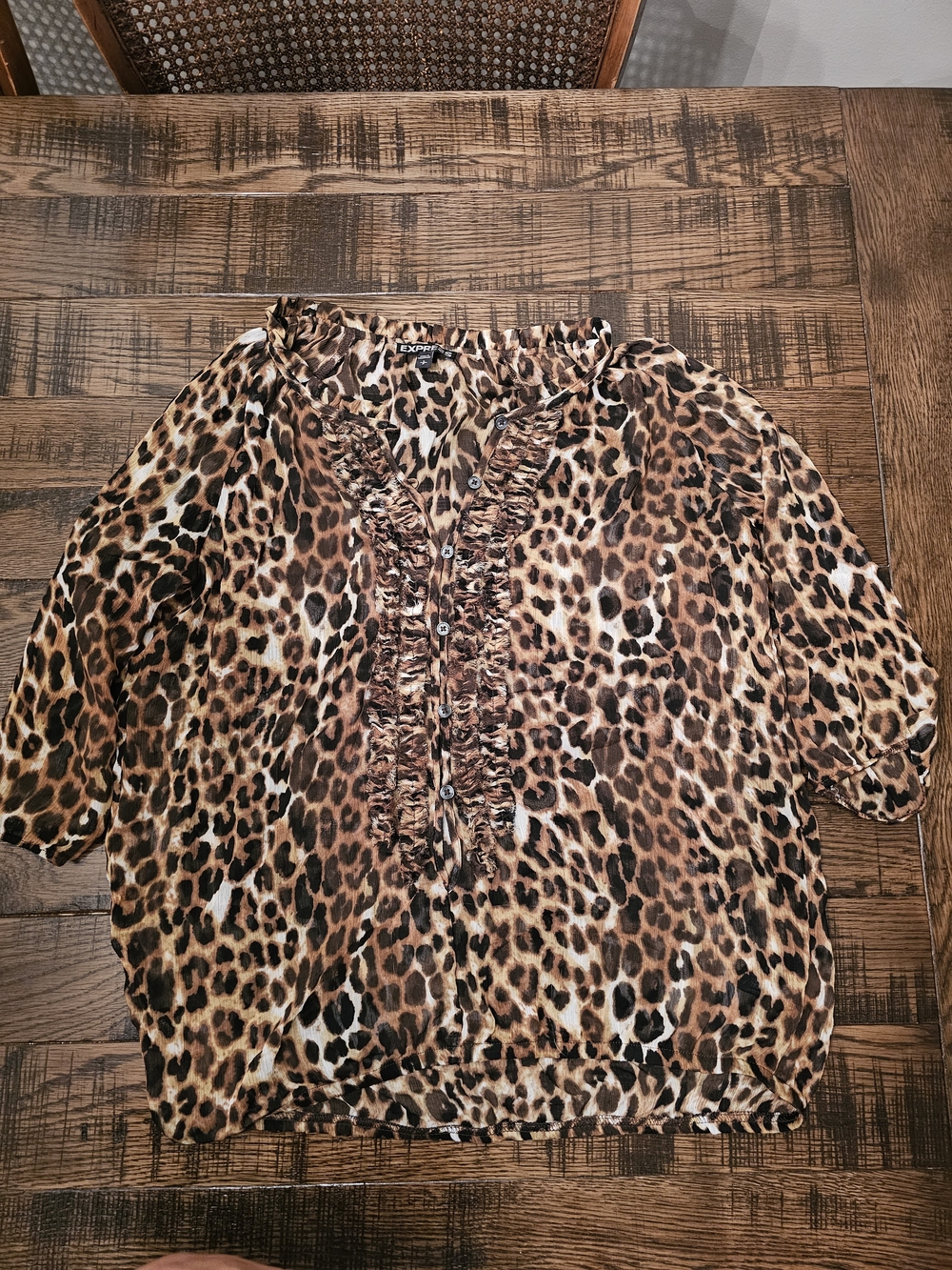 Express Leopard Print Ruffle-Front Blouse - Brown, Black, Cream